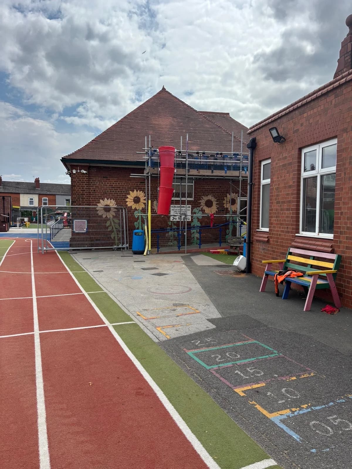 School building re-roof with full scaffolding by First Rate Roofing