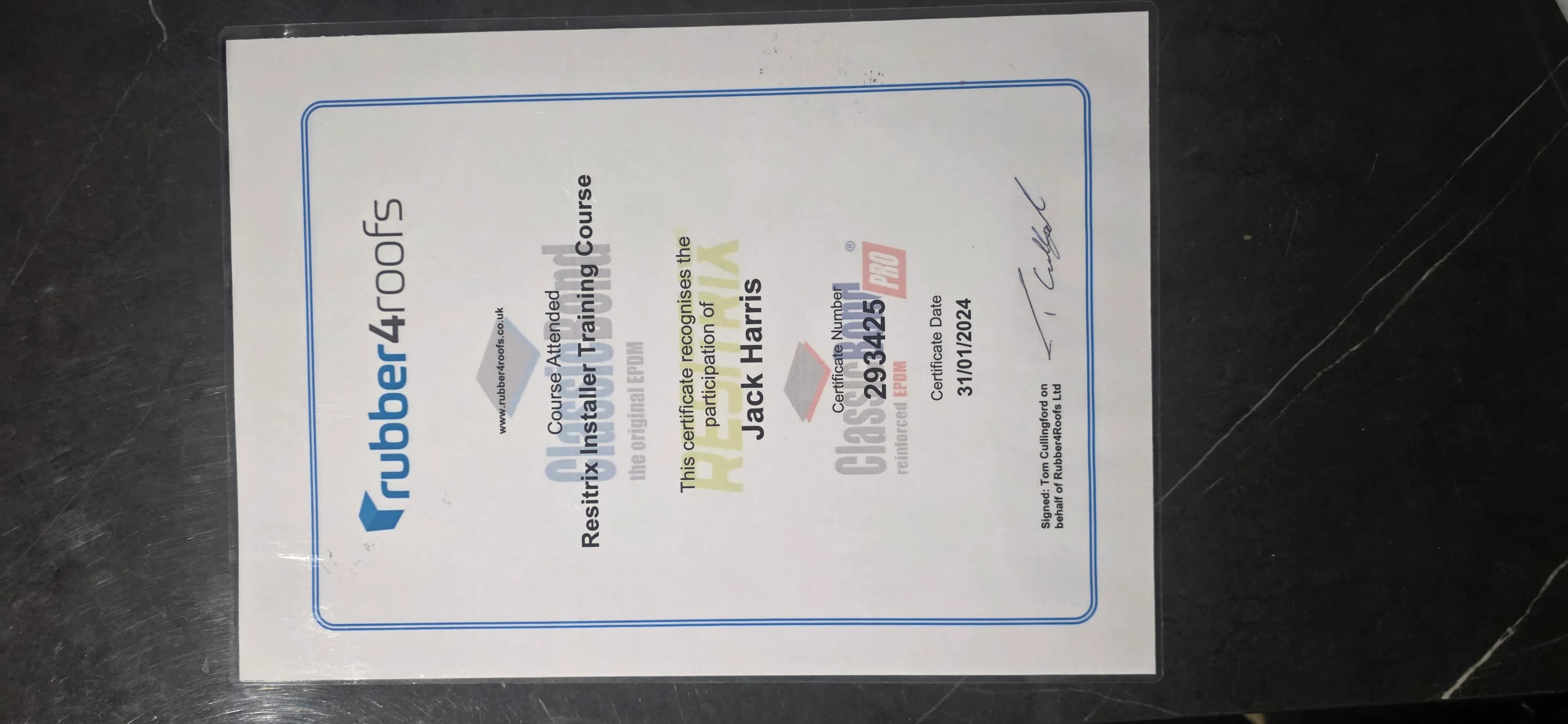 rubber4roofs Approved Installer certificate held by First Rate Roofing